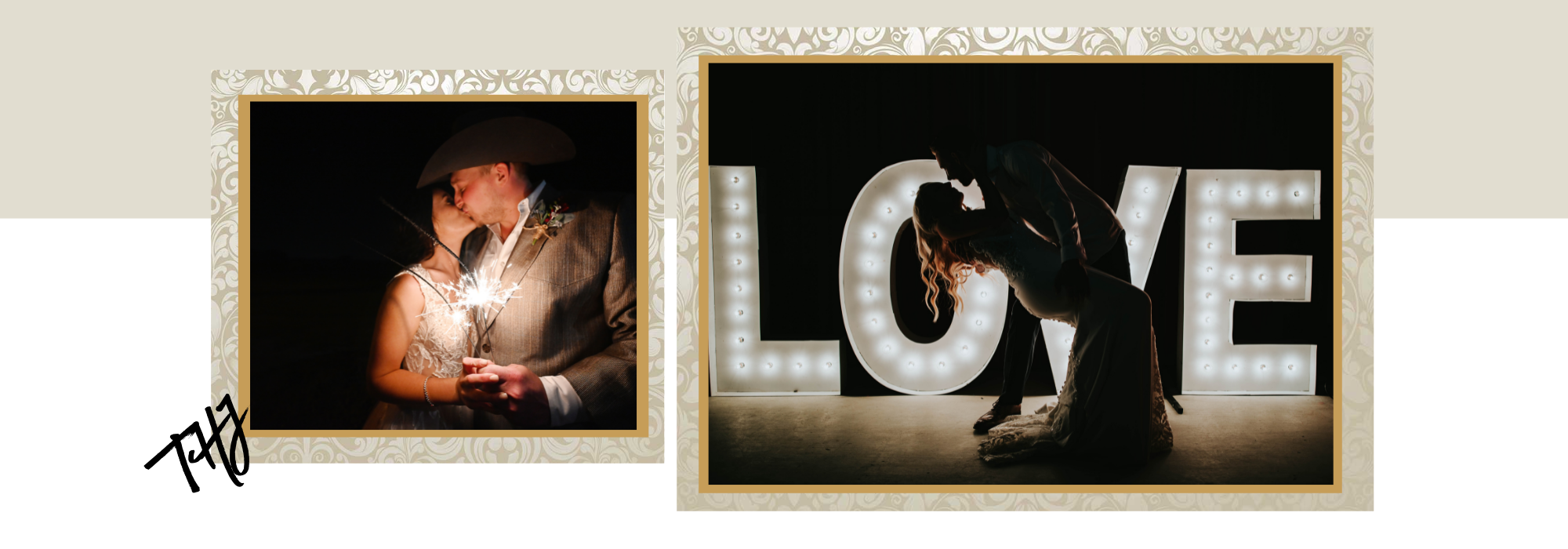 Bride and groom kissing and newly weds posing before a love sign